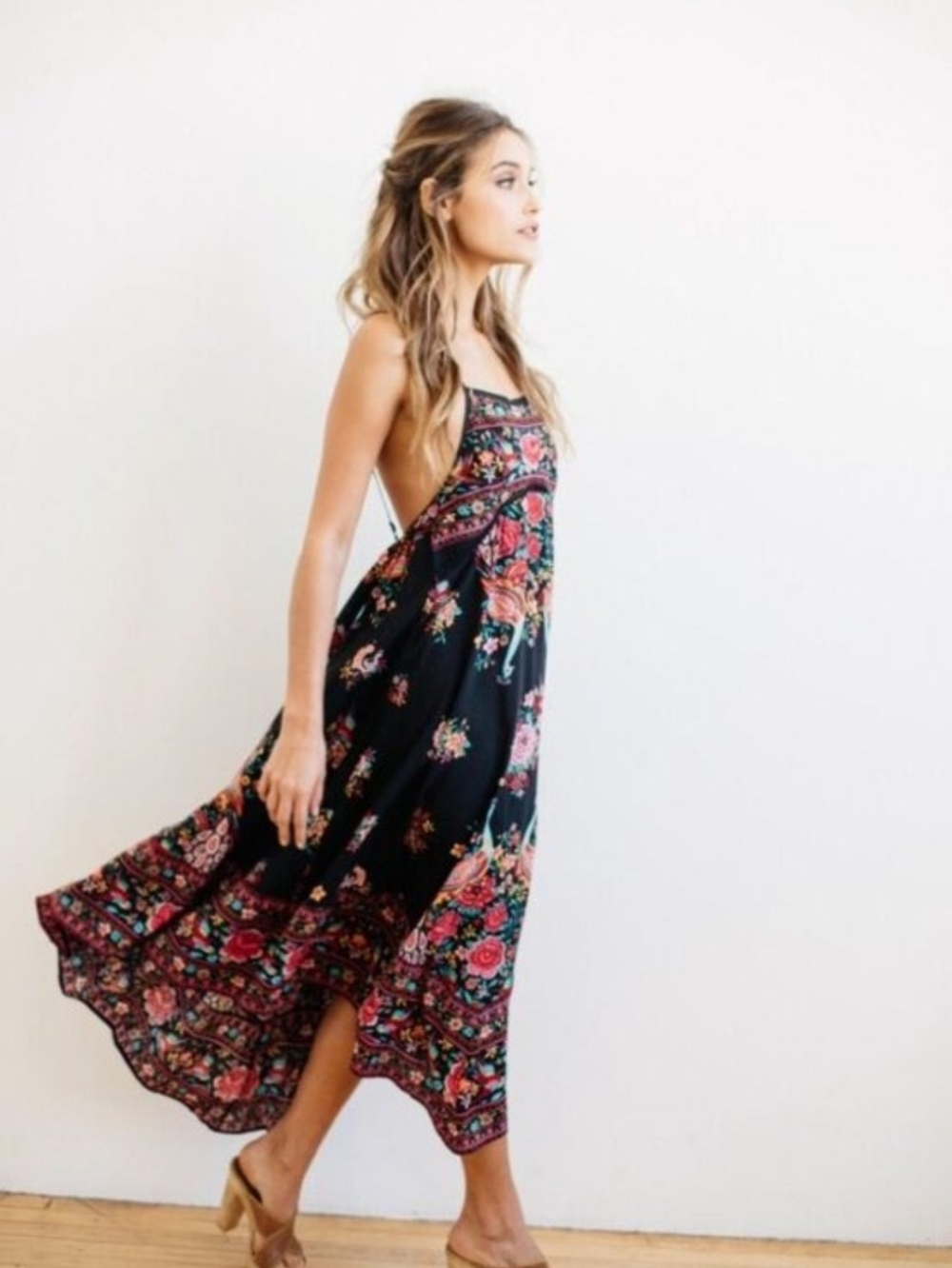 Spell Black Floral Maxi Dress with Pink and Green Accents